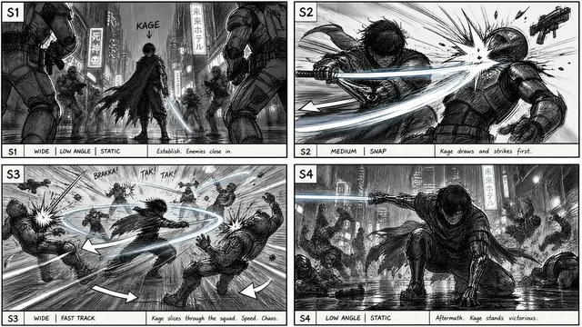 Storyboard Combat d'Épées Cyberpunk