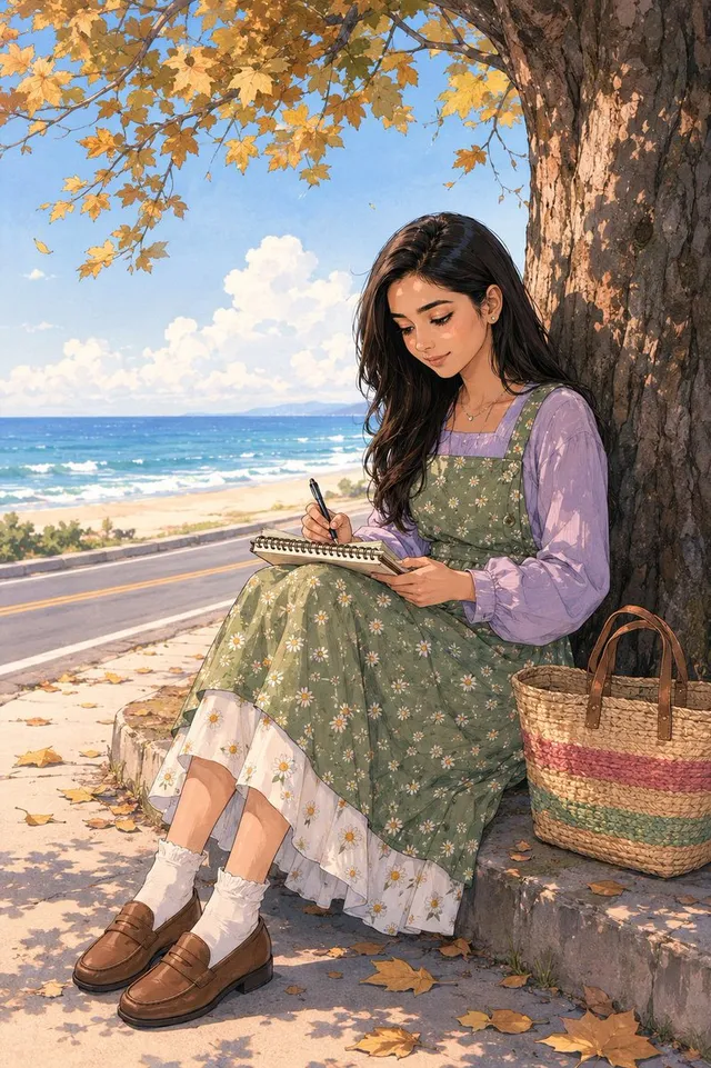 Anime Girl Sketch by the Sea