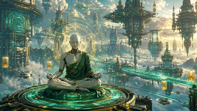 Cyberpunk Android Monk Sky City
