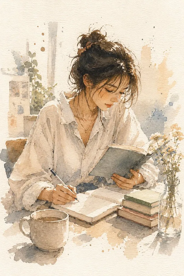 Minimalist Watercolor Reading Scene
