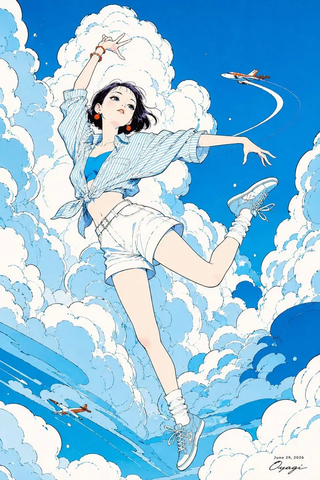 Anime Girl Floating in Summer Clouds