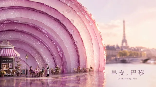 Póster surrealista de cebolla de la mañana parisina