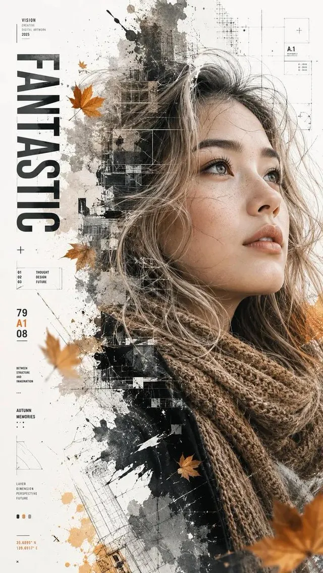 Portrait Double Exposition Feuilles d'Automne