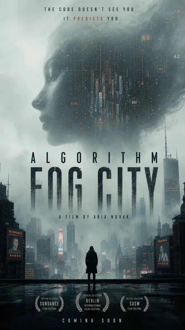 Póster de película de ciudad con niebla algorítmica