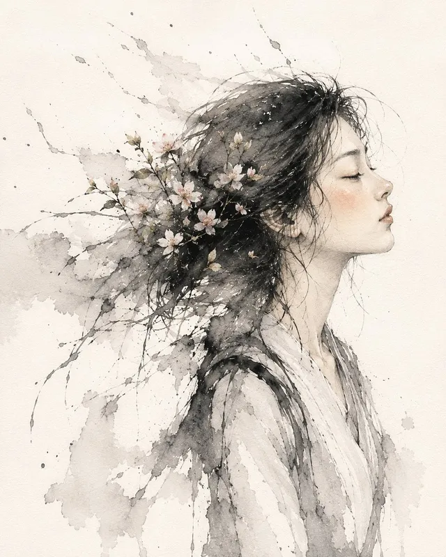 Portrait Fleur Cerisier Lavis