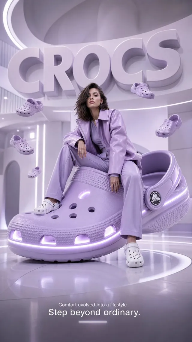 Affiche publicitaire de mode Crocs futuriste