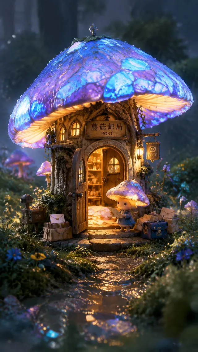 Miniature Mushroom Post Office Scene