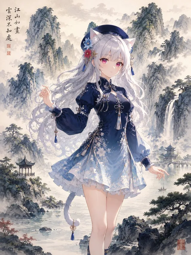 Anime Catgirl in Chinese Ink Landscape
