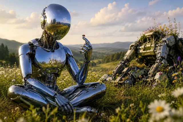 Robô Cromado Admirando em Prado