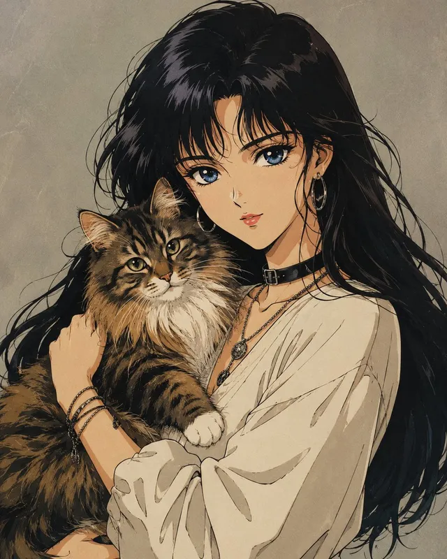 Retro Shoujo Anime Girl with Cat