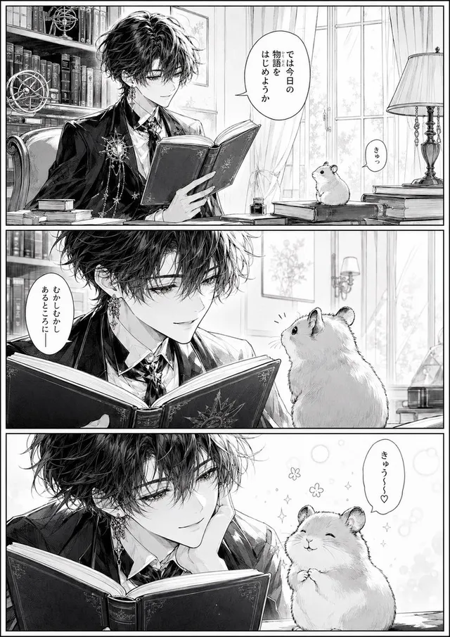 Gothic Bishounen Reads to Hamster