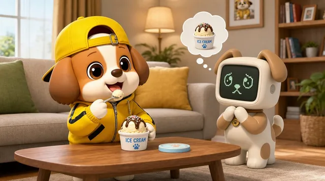 Puppy and Robot Dog Ice Cream Scene