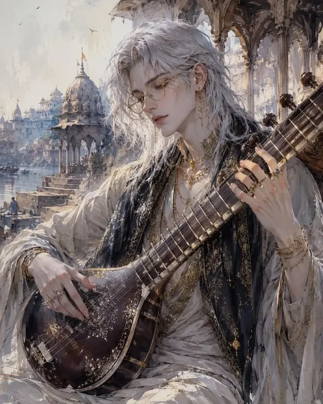 Ethereal Androgynous Musician in Ancient Ruins