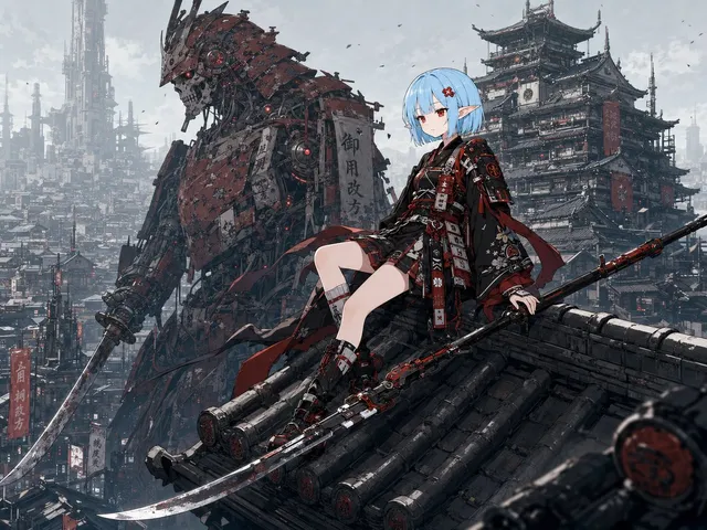 Cyberpunk Samurai Elf on Temple Roof