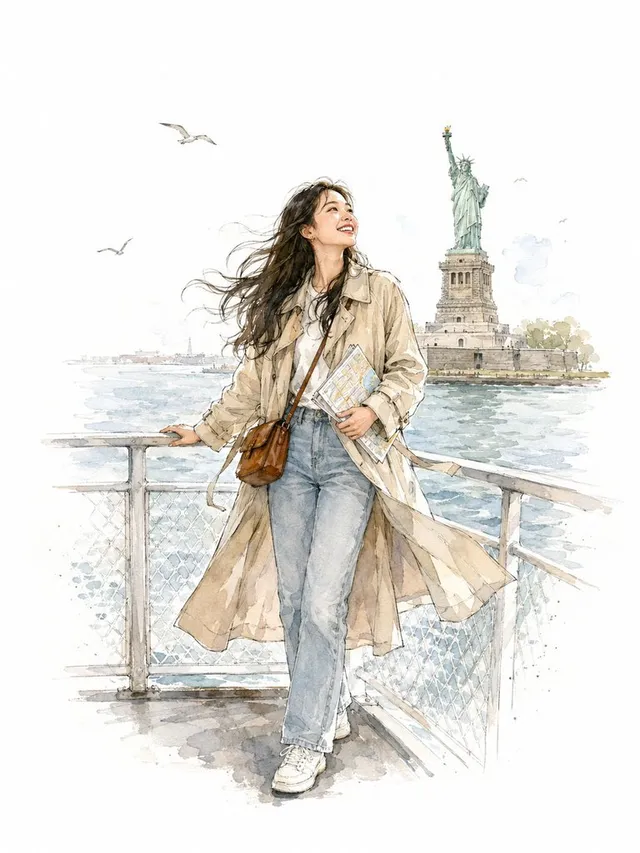 Aquarell-Illustration einer Frau auf einer NYC-Fähre