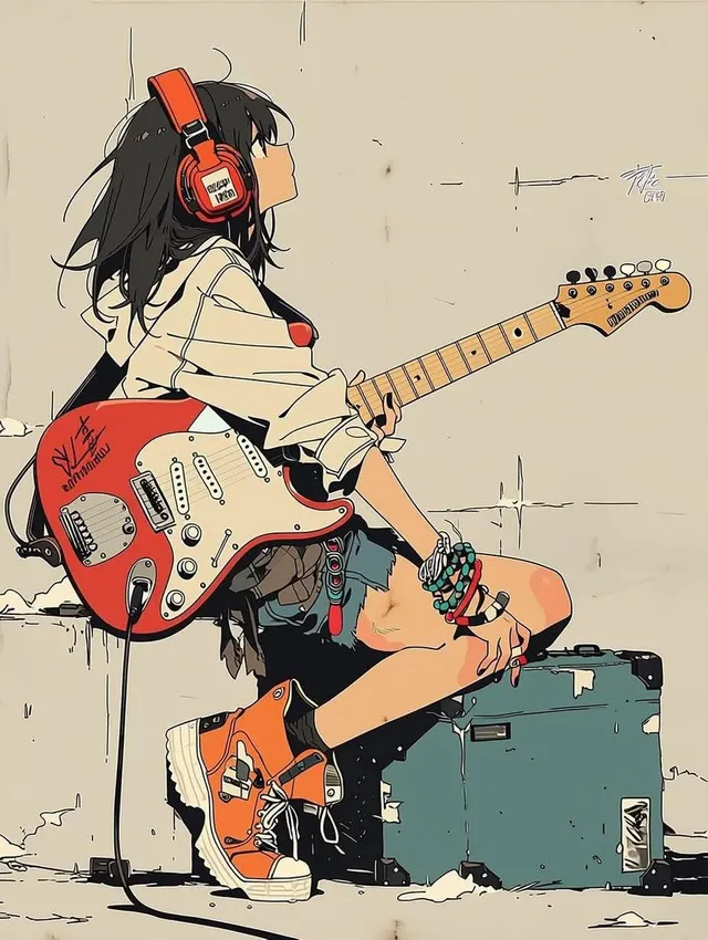 Minimalist Anime Girl with Guitar