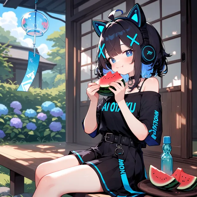 Cyber Cat-Ear Girl Eating Watermelon