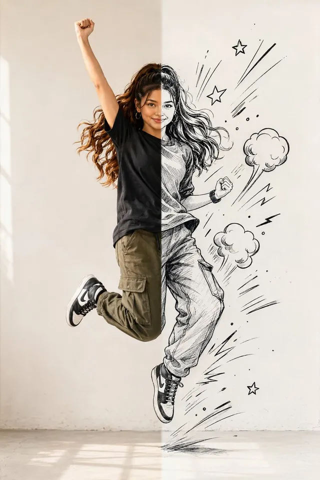 Half Photo Half Manga Jump Portrait