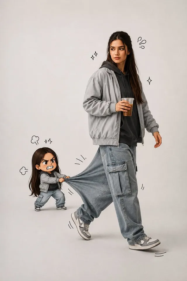 Forced Perspective Chibi Pants Pull Portrait