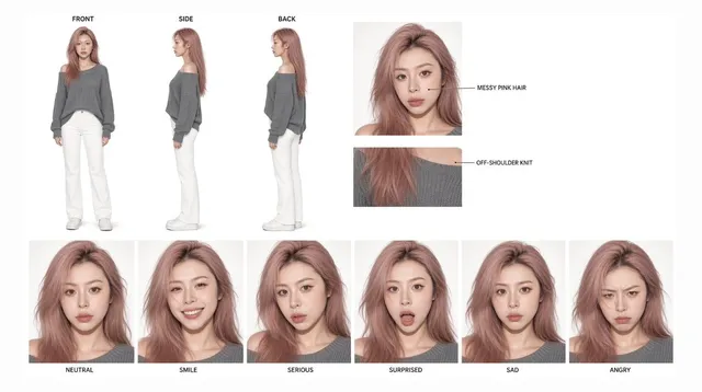 Pink-Haired Character Reference Sheet
