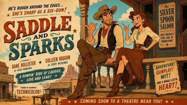 Desenho Animado de Trailer de Filme Western Mid-Century
