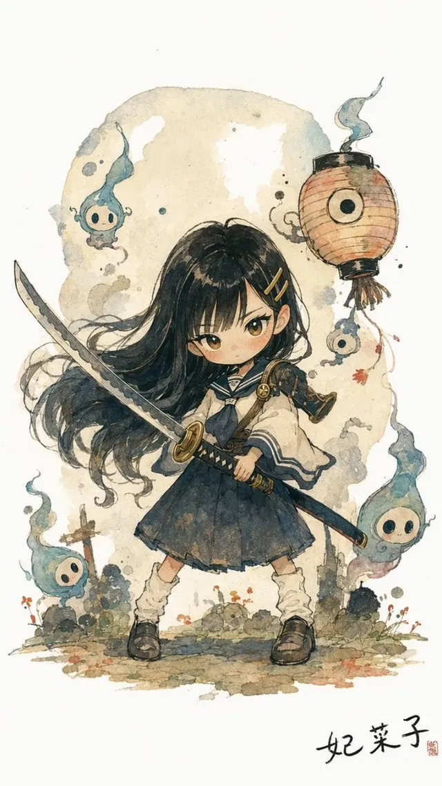 Watercolor Chibi Schoolgirl Swordswoman