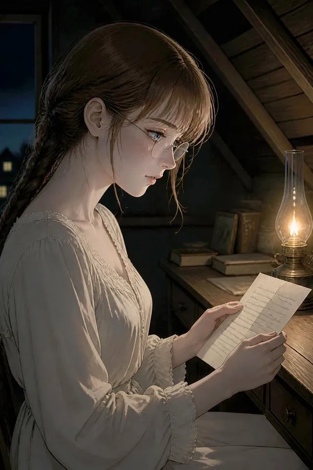 Chica Leyendo Carta a la Luz de Lámpara de Aceite
