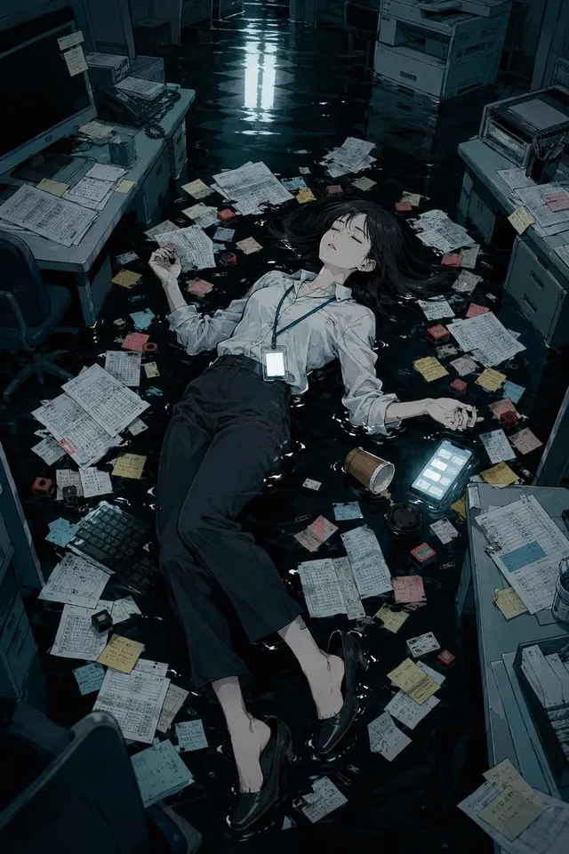 Escena de Anime de Agotamiento en Oficina Inundada