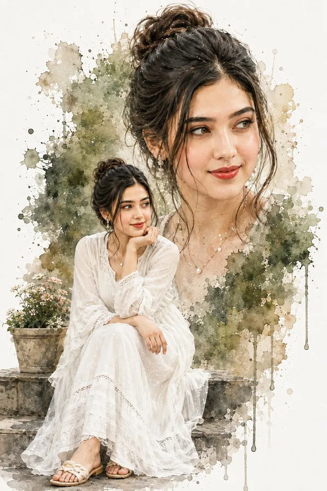 Portrait Double Exposition Aquarelle Femme
