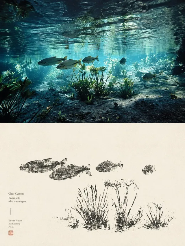 Dittico di Strofinamento a Inchiostro di Fiume Sottomarino