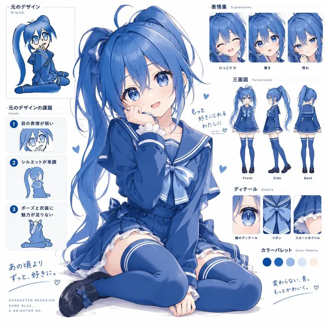 Blue Anime Character Redesign Sheet