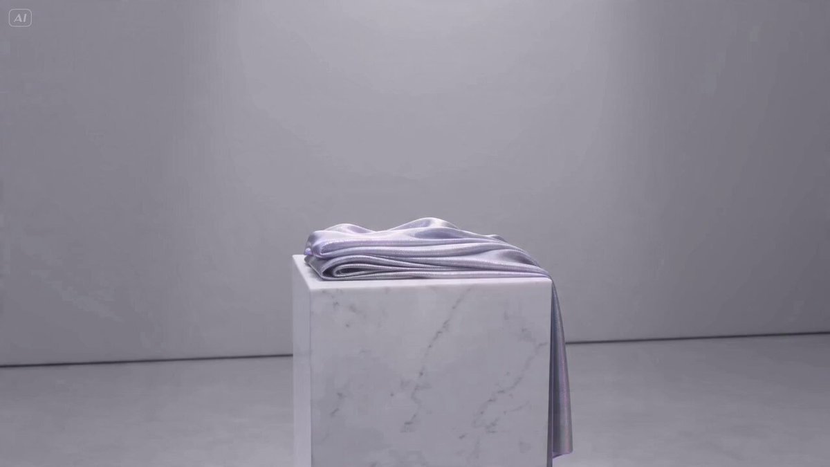 Pixar-style 3D animation of iridescent fabric on a marble pedestal
